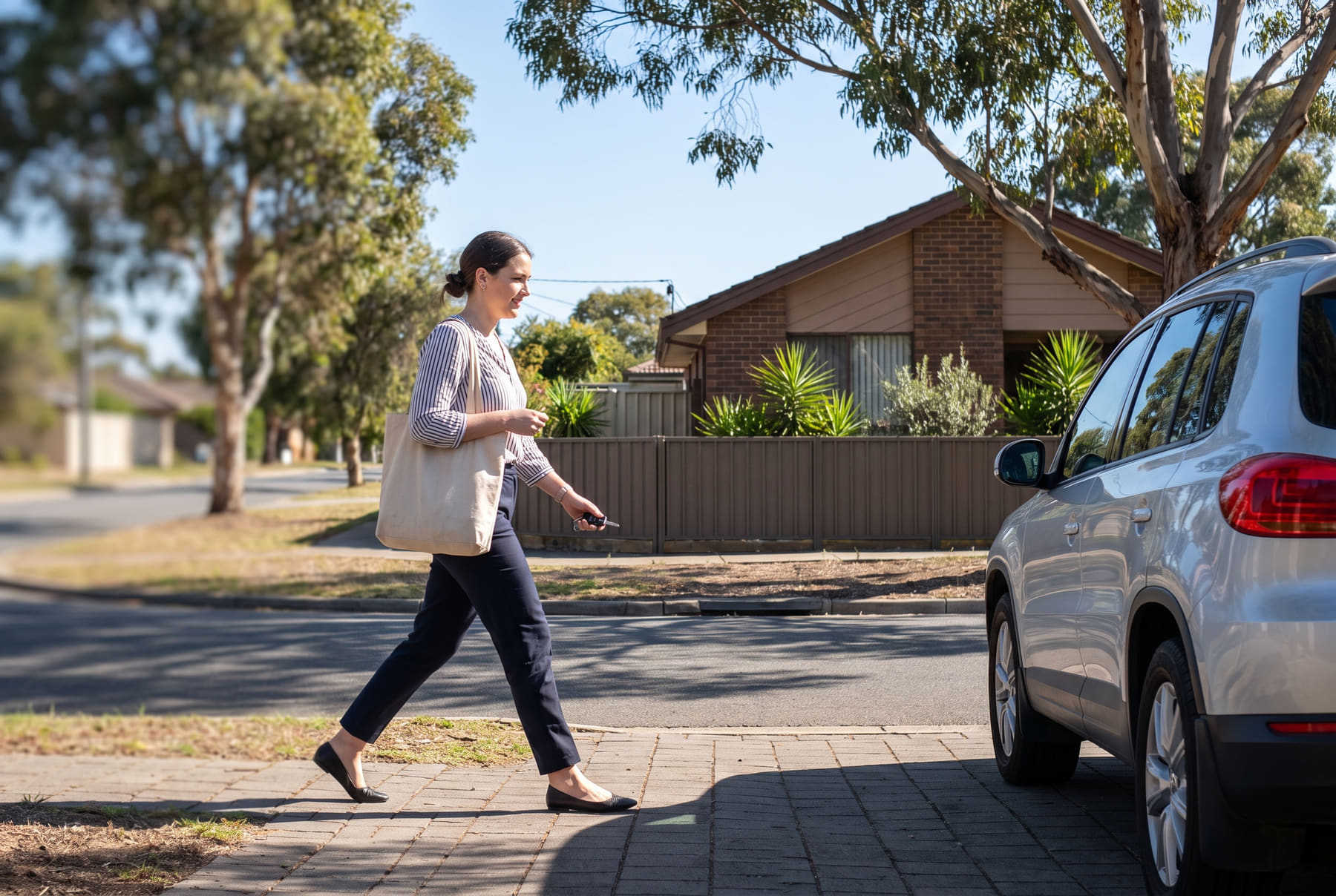 A woman walking toward her car parked on a leafy Australian suburban street in the morning