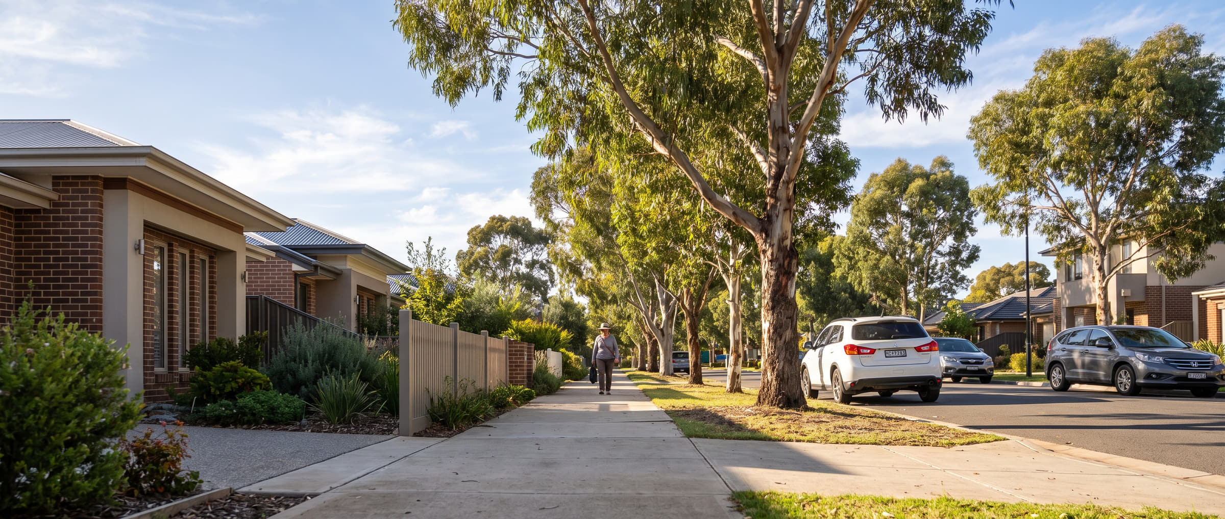 A quiet Australian residential street lined with gum trees